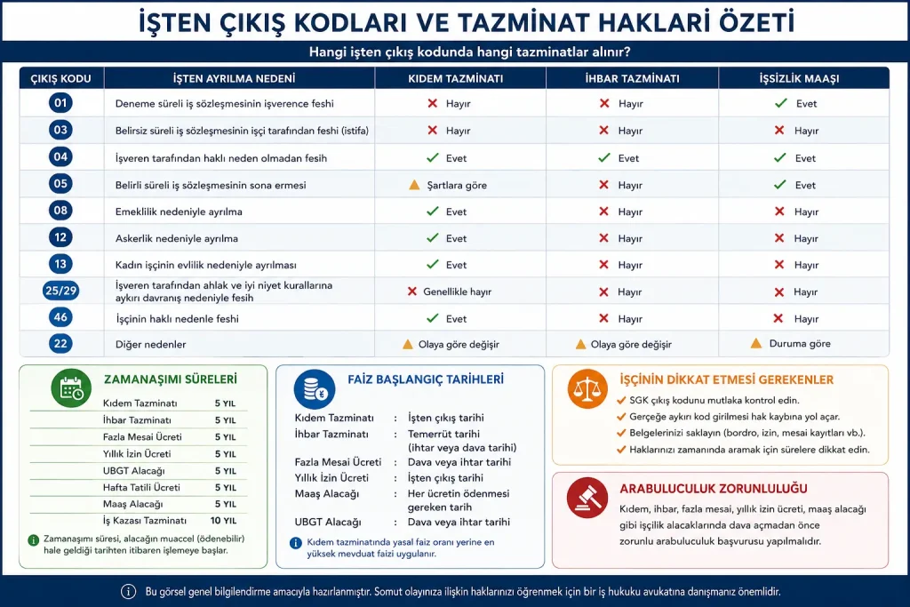İşçilik Alacakları işten çıkış kodları